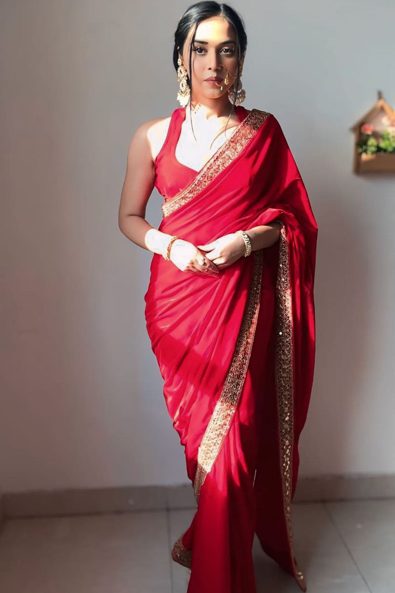 Glowing 1 Minute Ready To Wear Red Velvet Saree