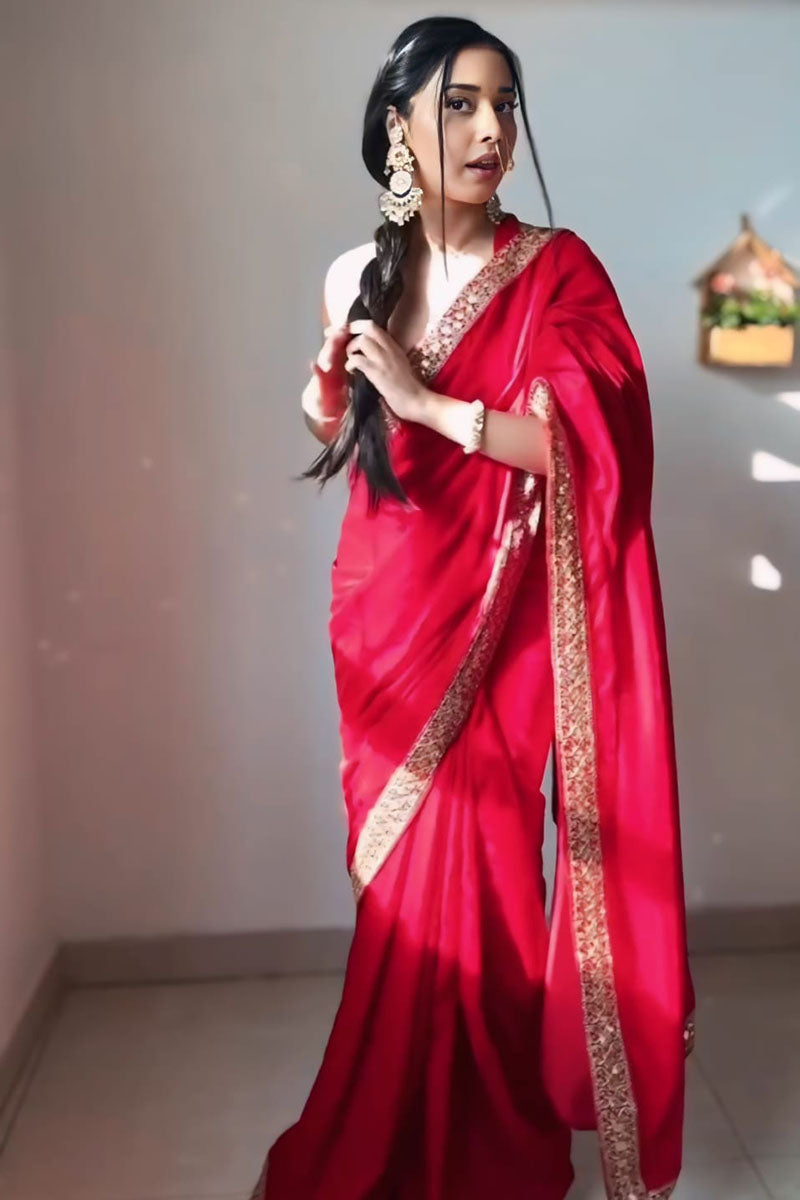 Glowing 1 Minute Ready To Wear Red Velvet Saree