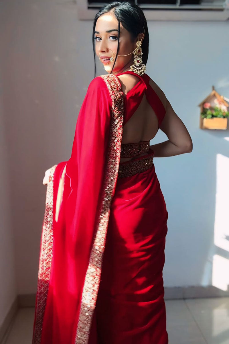 Glowing 1 Minute Ready To Wear Red Velvet Saree