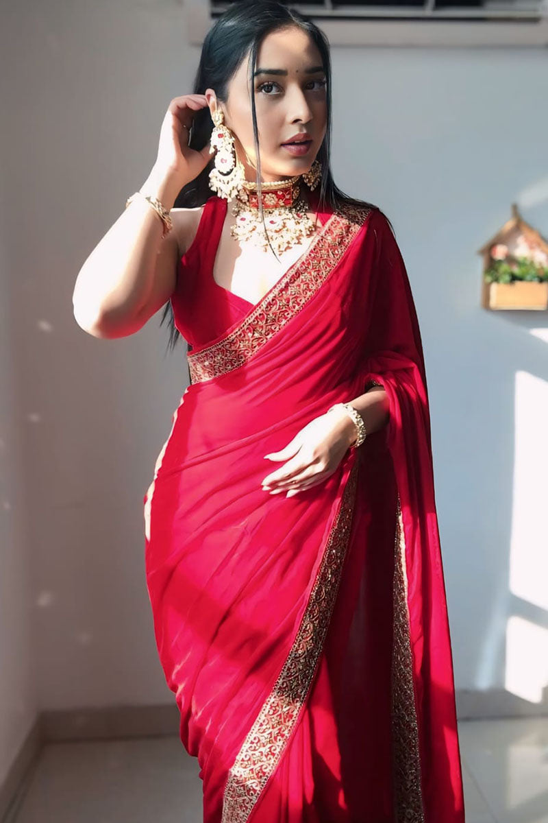 Glowing 1 Minute Ready To Wear Red Velvet Saree