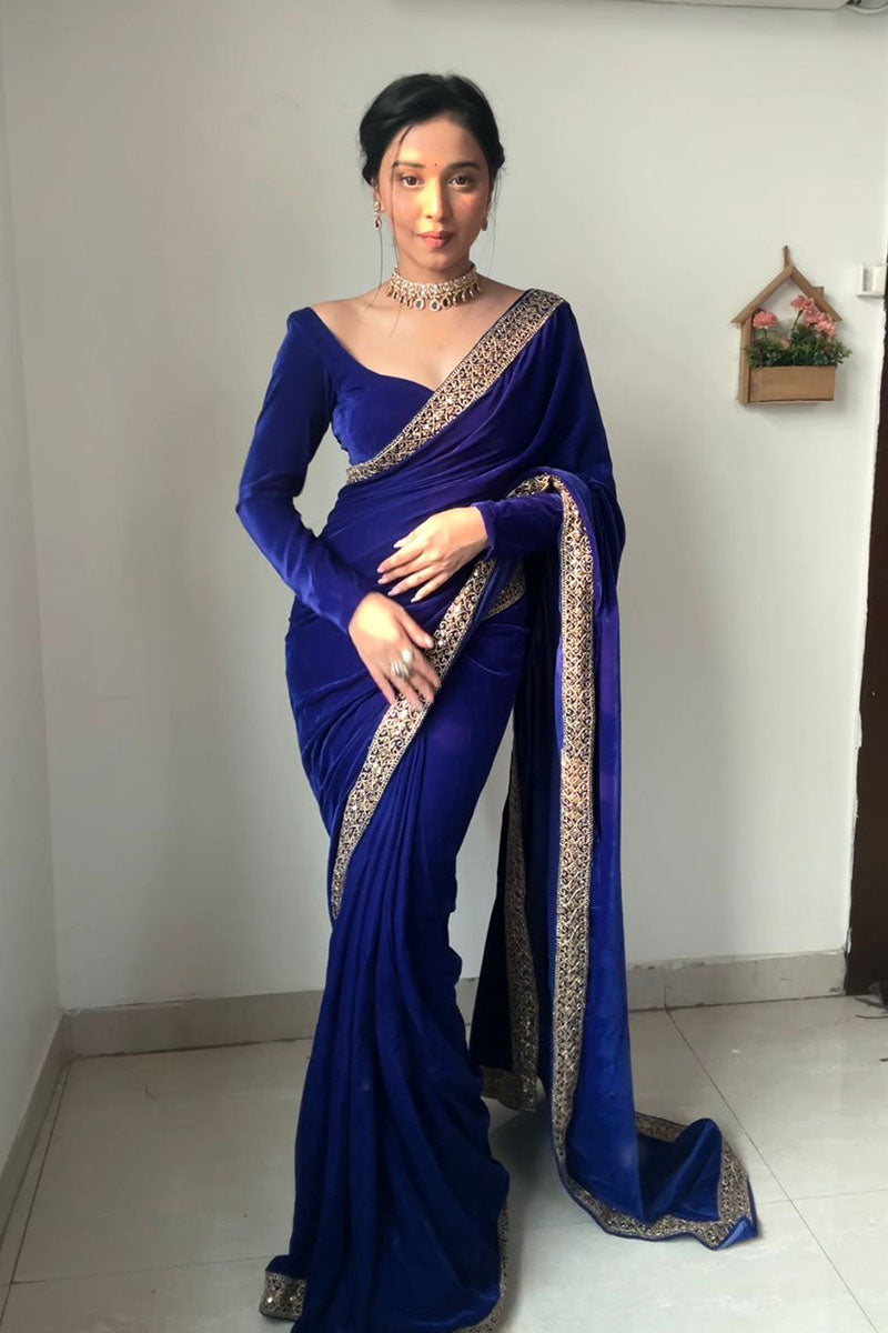 Elaborate 1 Minute Ready To Wear Royal Blue Velvet Saree