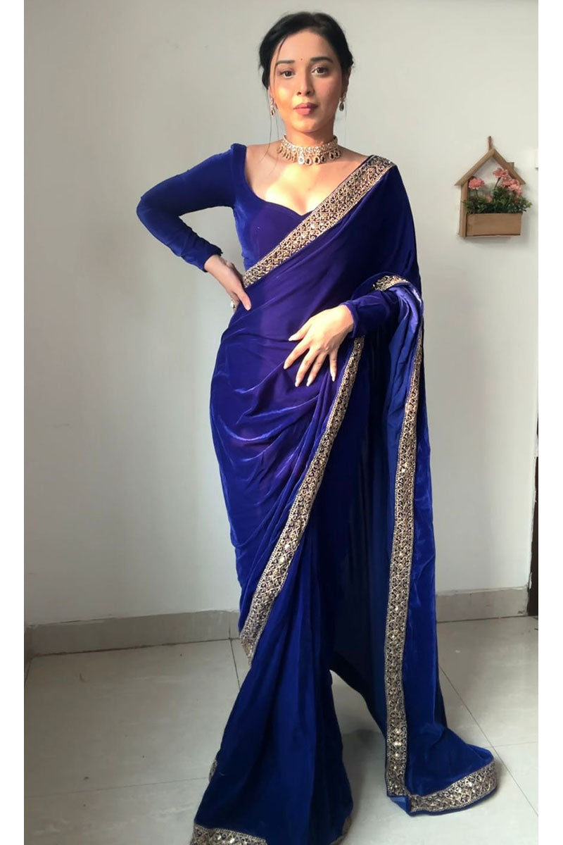 Elaborate 1 Minute Ready To Wear Royal Blue Velvet Saree
