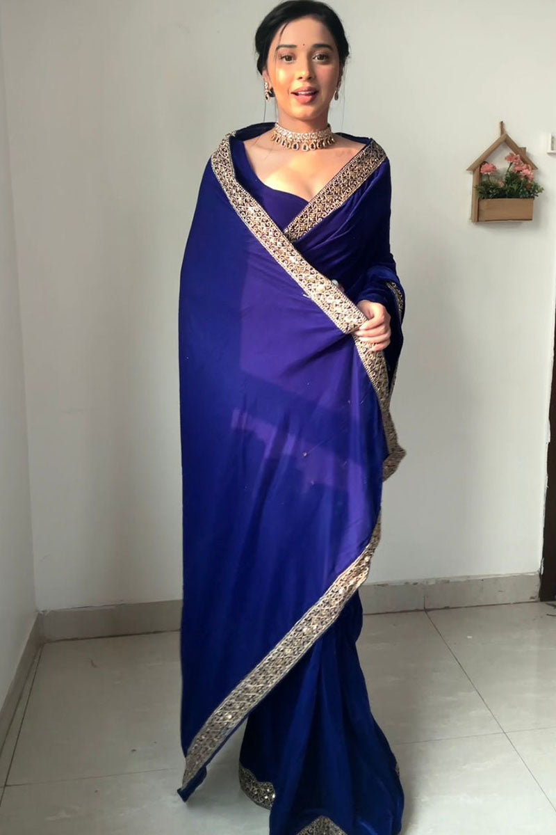 Elaborate 1 Minute Ready To Wear Royal Blue Velvet Saree