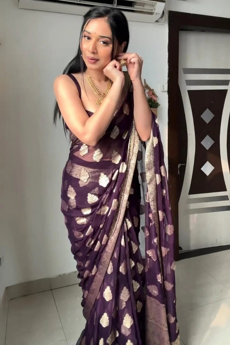 Ebullience 1-Minute Ready To Wear Dark Purple Cotton Silk Saree