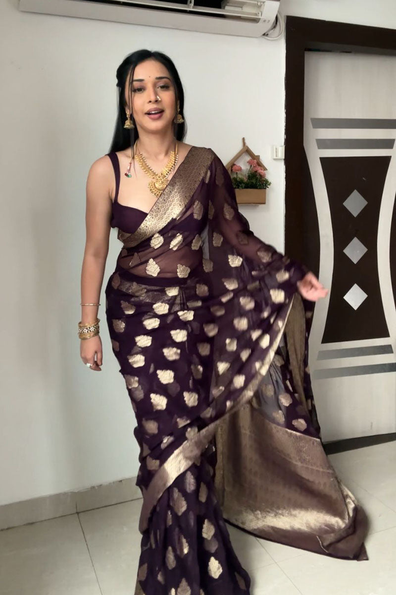 Ebullience 1-Minute Ready To Wear Dark Purple Cotton Silk Saree