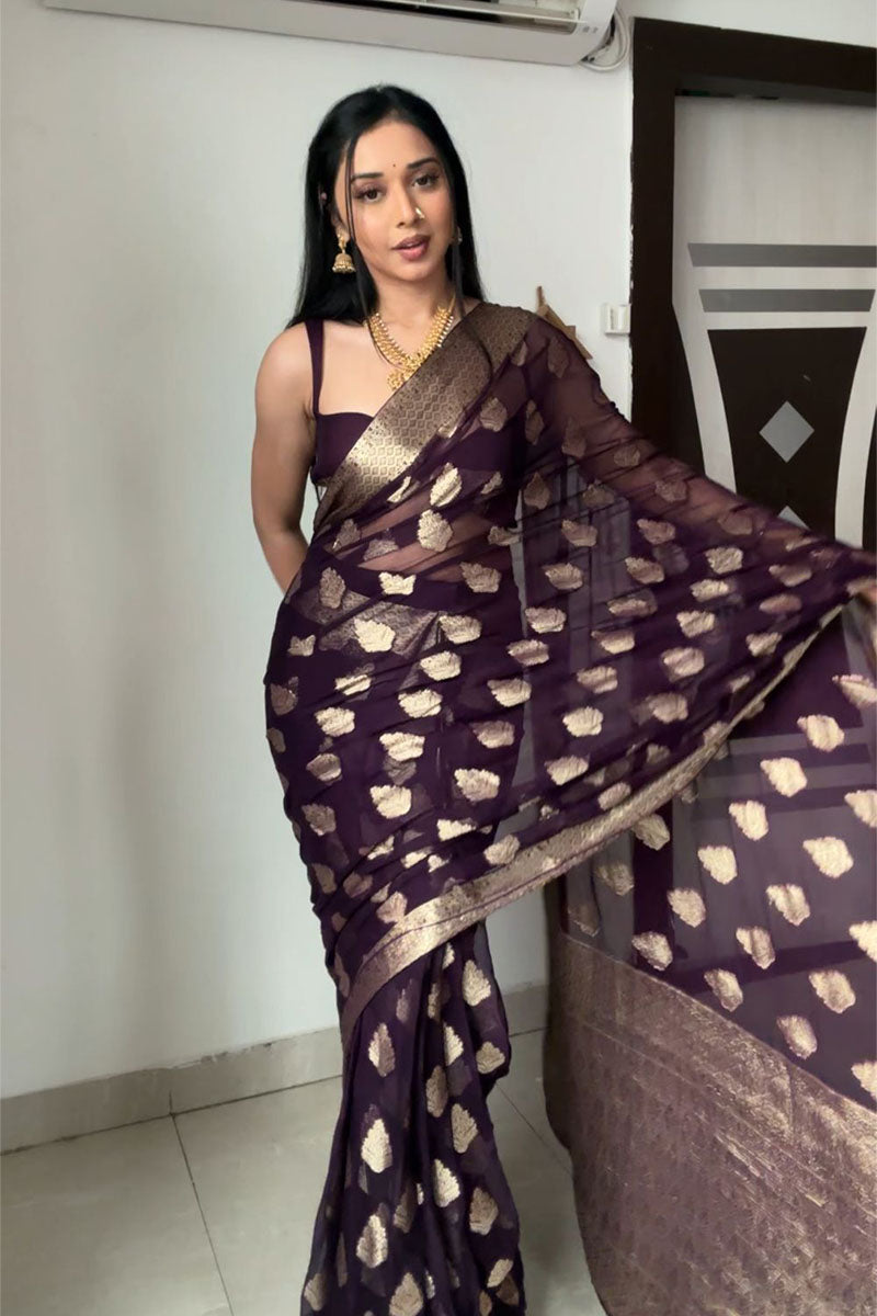 Ebullience 1-Minute Ready To Wear Dark Purple Cotton Silk Saree