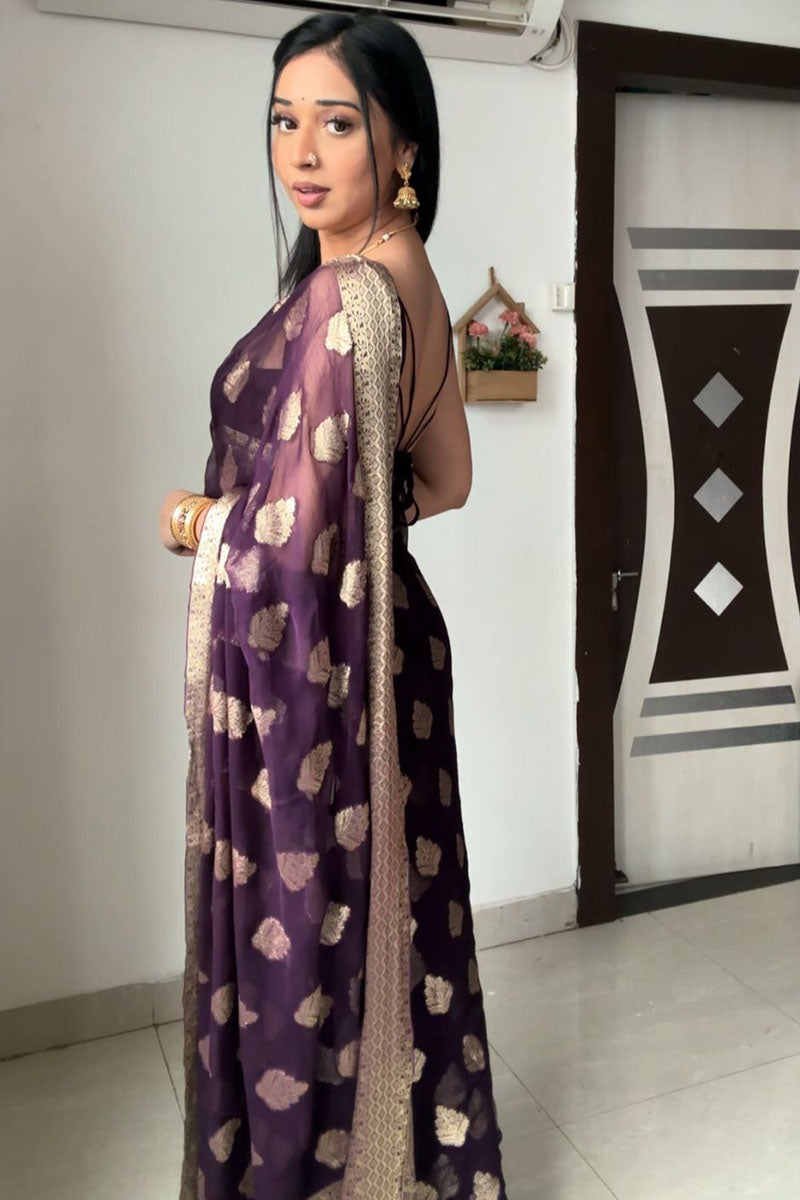 Ebullience 1-Minute Ready To Wear Dark Purple Cotton Silk Saree