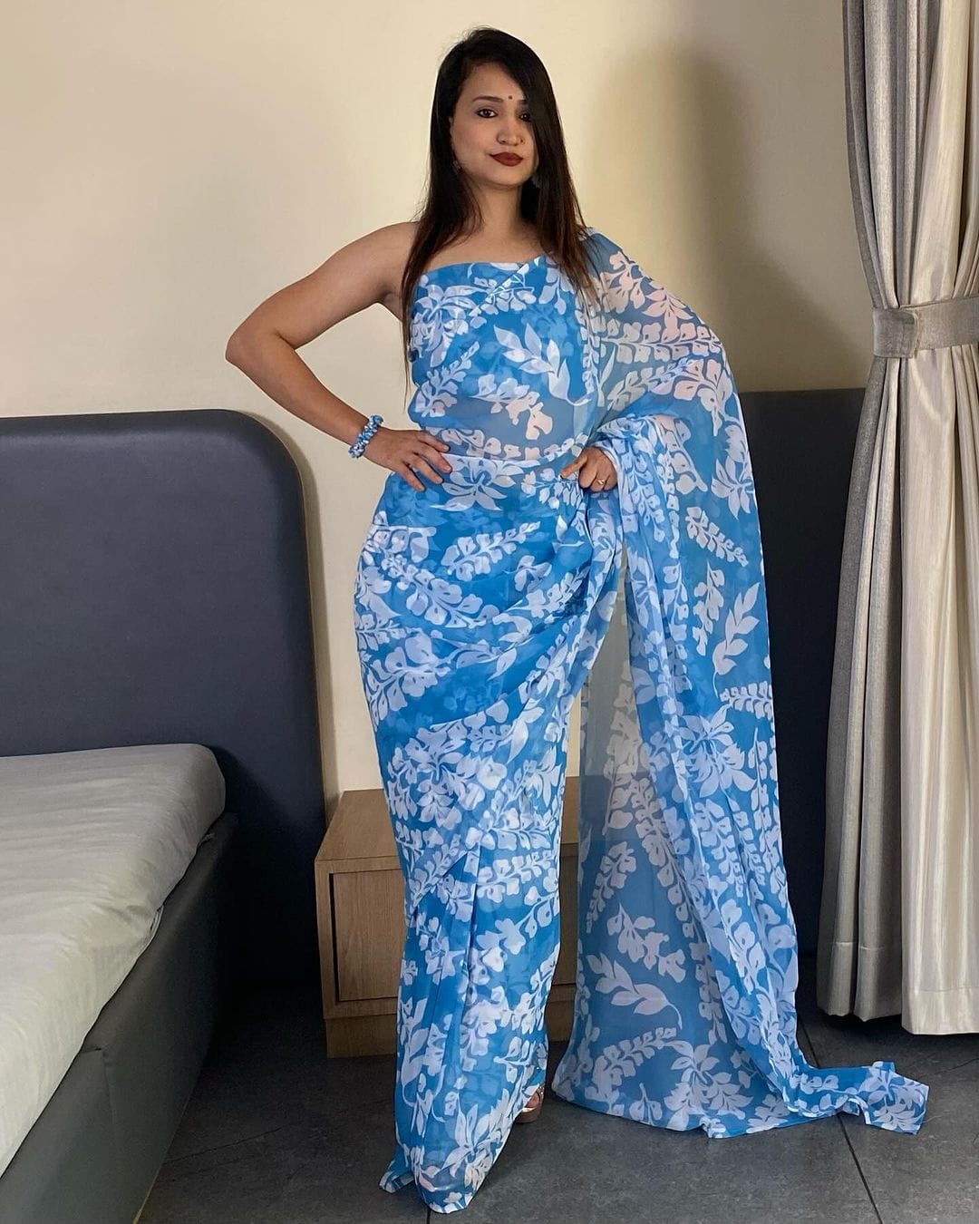 Blooming 1 Minute Ready To Wear Blue Georgette Floral Digital Printed Saree