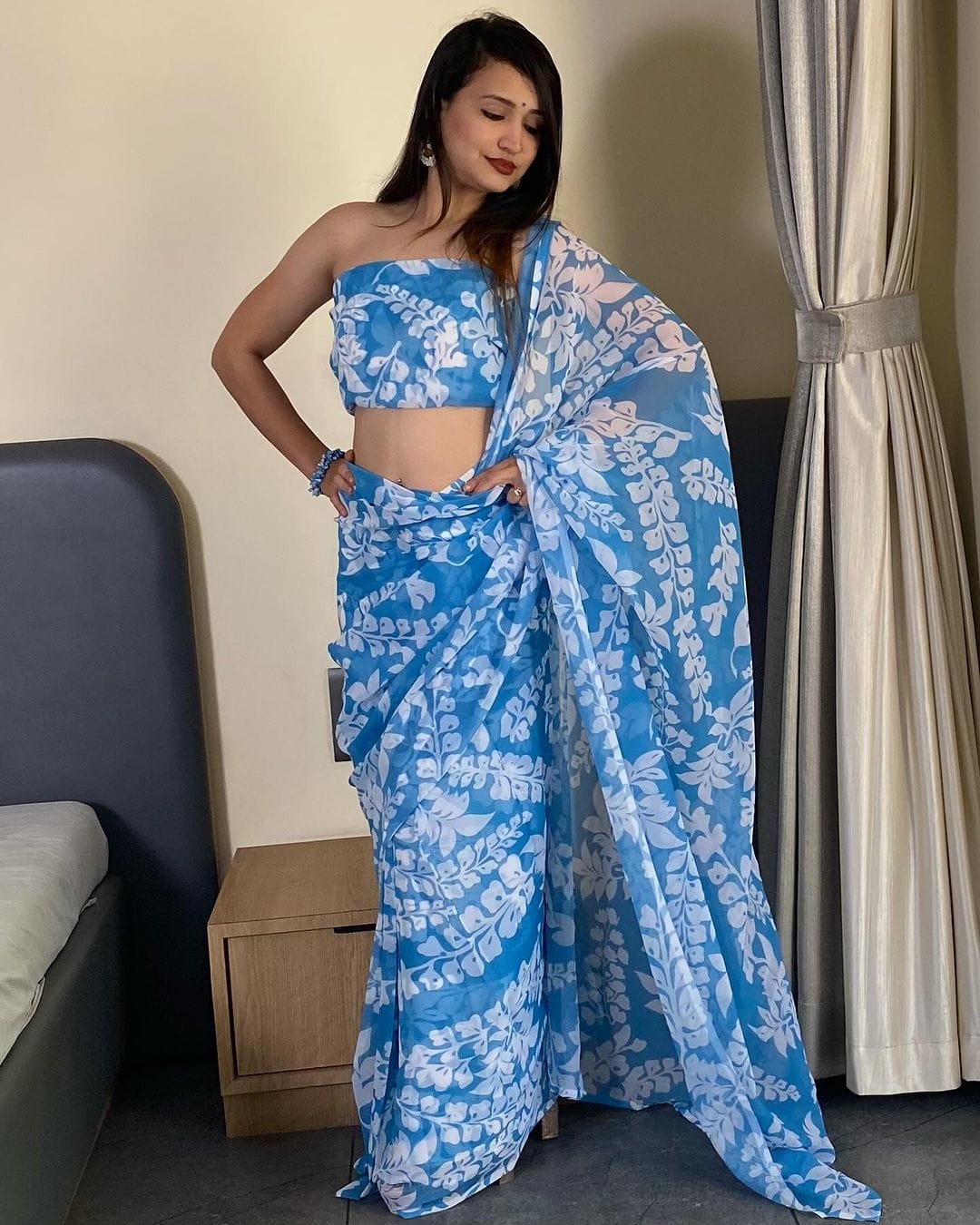 Blooming 1 Minute Ready To Wear Blue Georgette Floral Digital Printed Saree