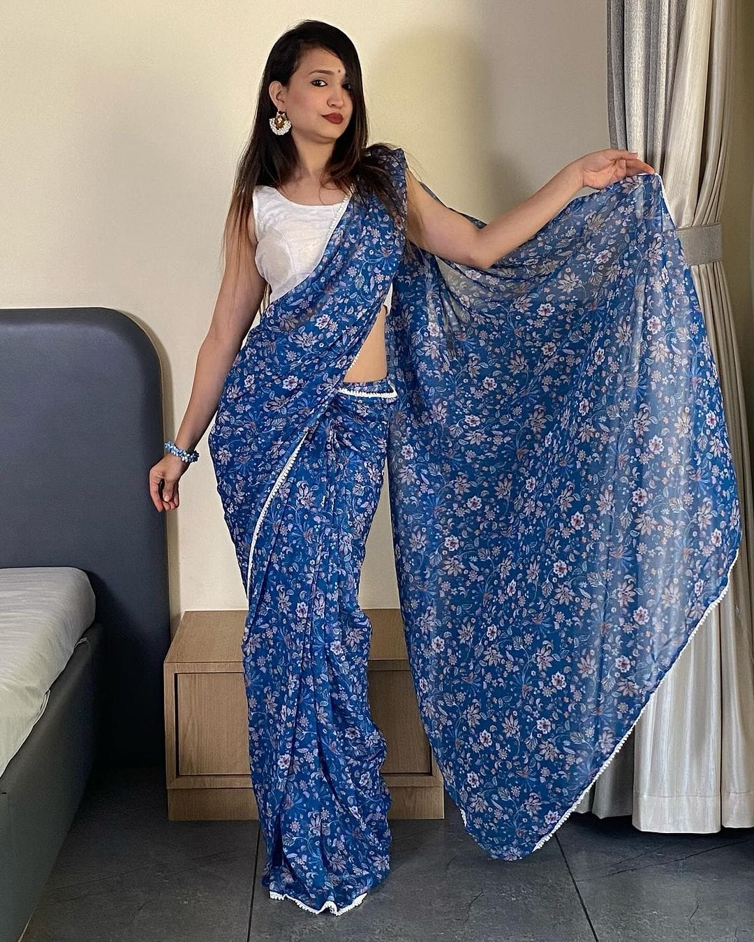 Classy 1 Minute Ready To Wear Blue Georgette Floral Digital Printed Saree