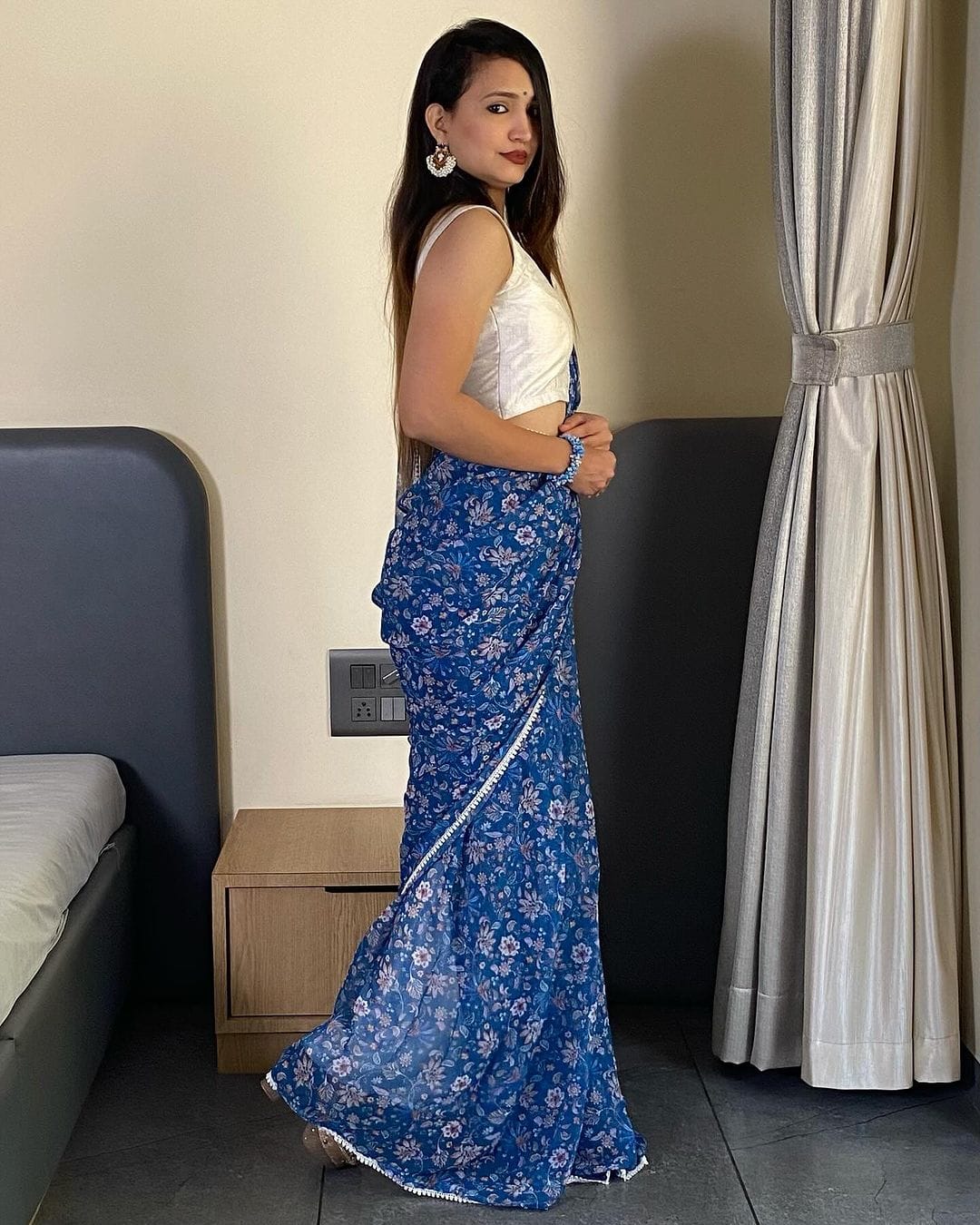 Classy 1 Minute Ready To Wear Blue Georgette Floral Digital Printed Saree