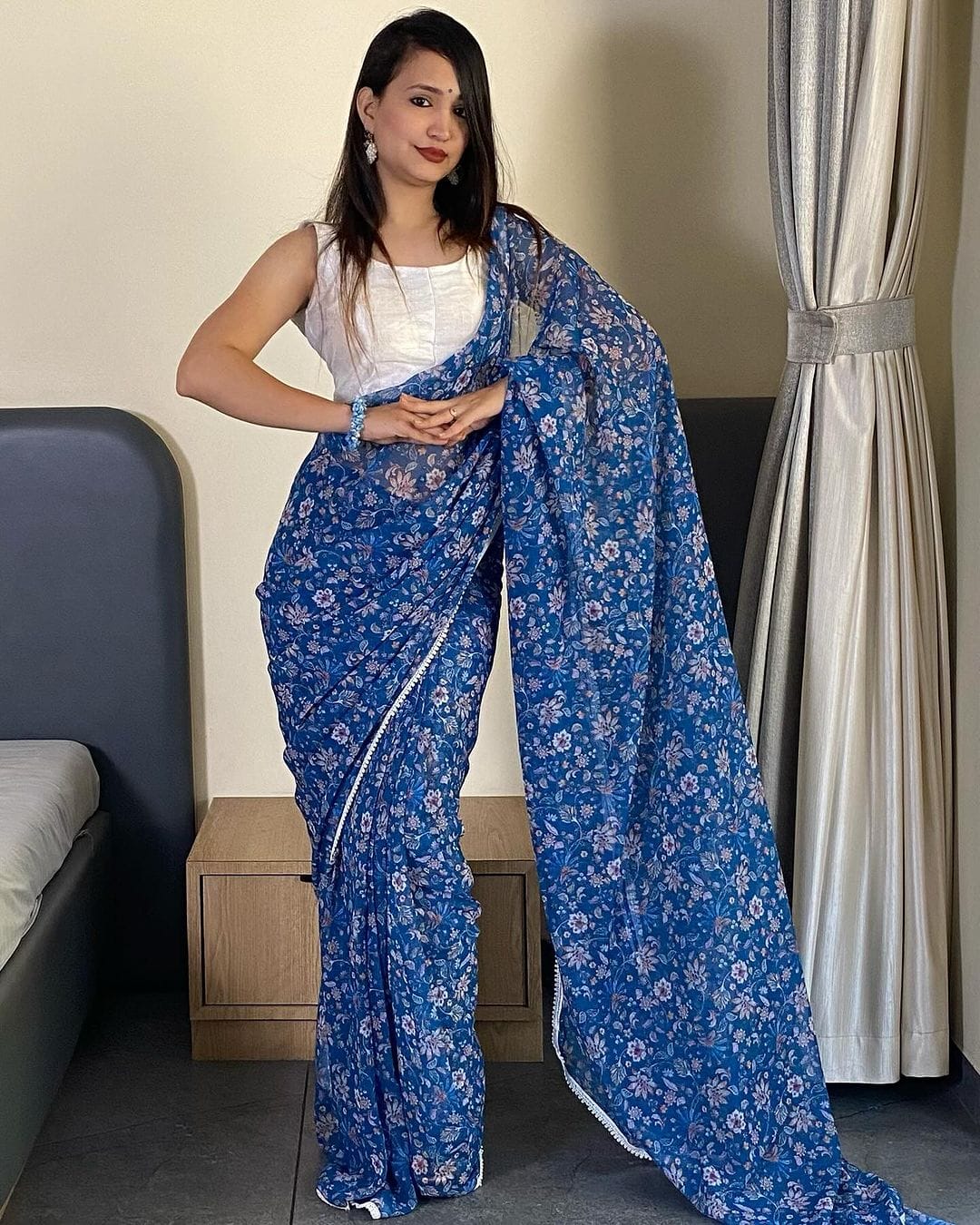 Classy 1 Minute Ready To Wear Blue Georgette Floral Digital Printed Saree