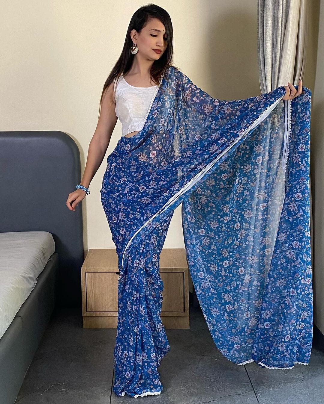Classy 1 Minute Ready To Wear Blue Georgette Floral Digital Printed Saree