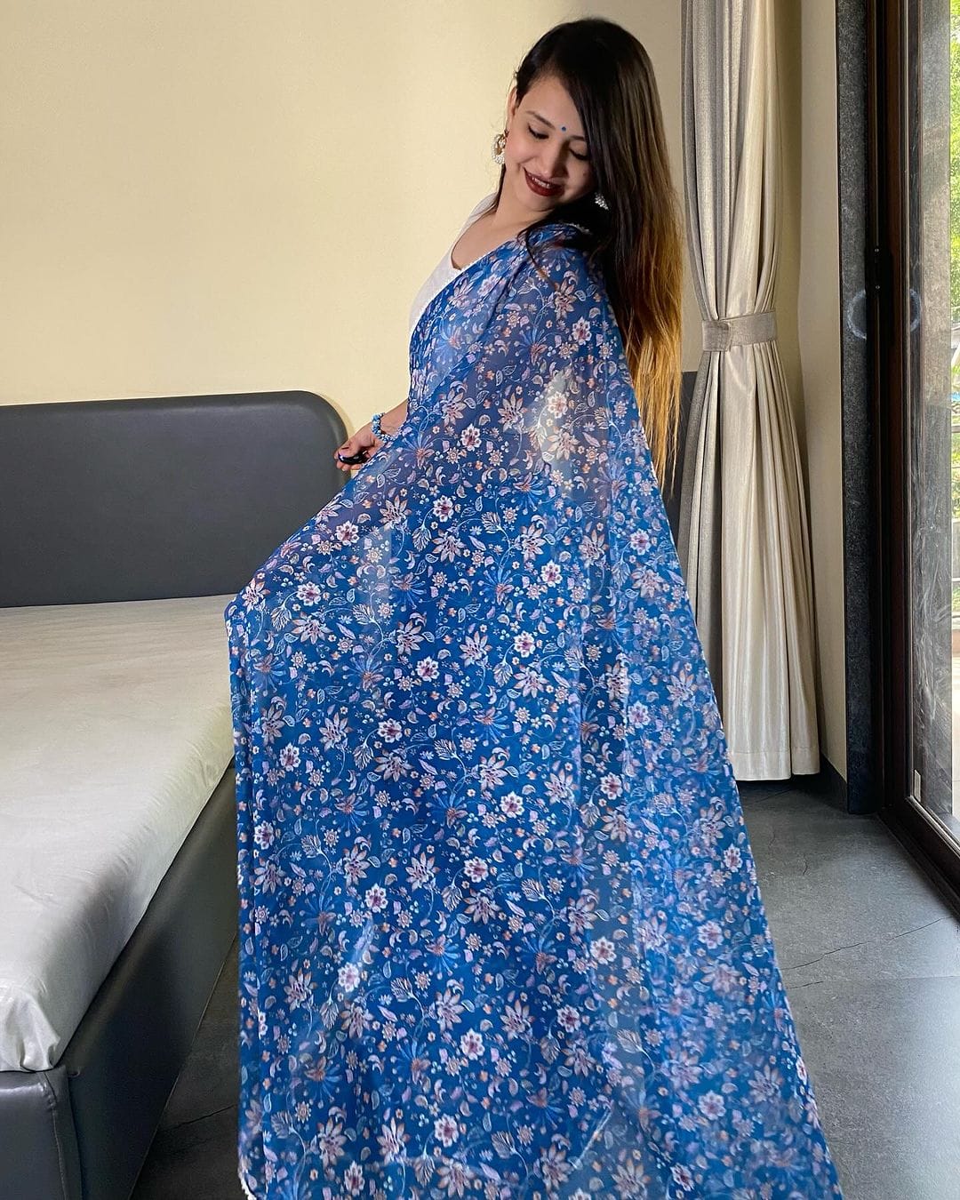 Classy 1 Minute Ready To Wear Blue Georgette Floral Digital Printed Saree