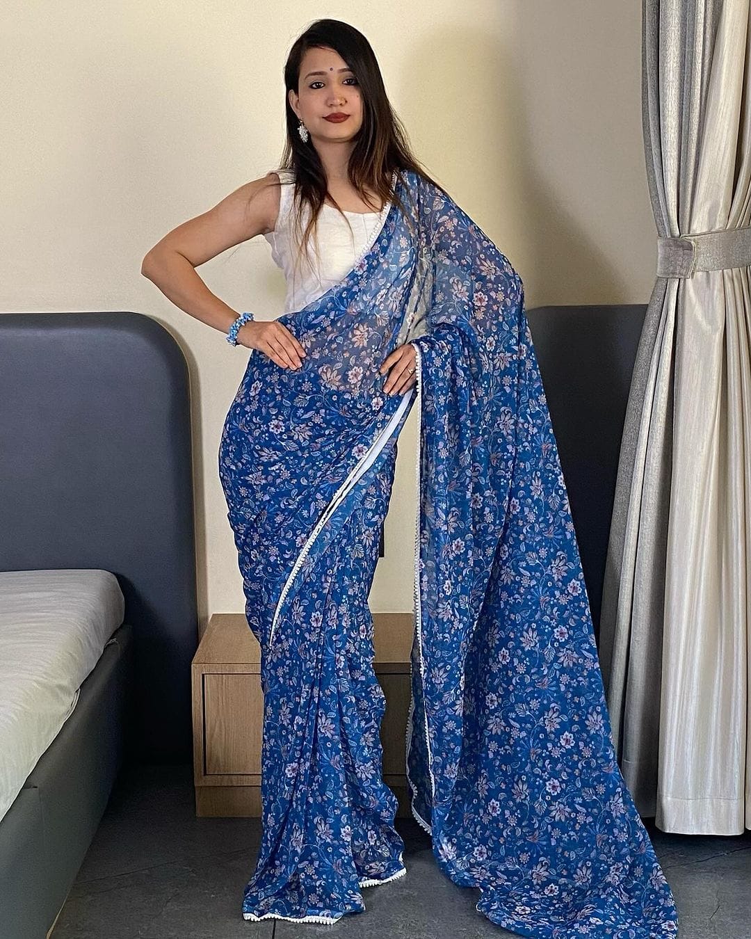 Classy 1 Minute Ready To Wear Blue Georgette Floral Digital Printed Saree