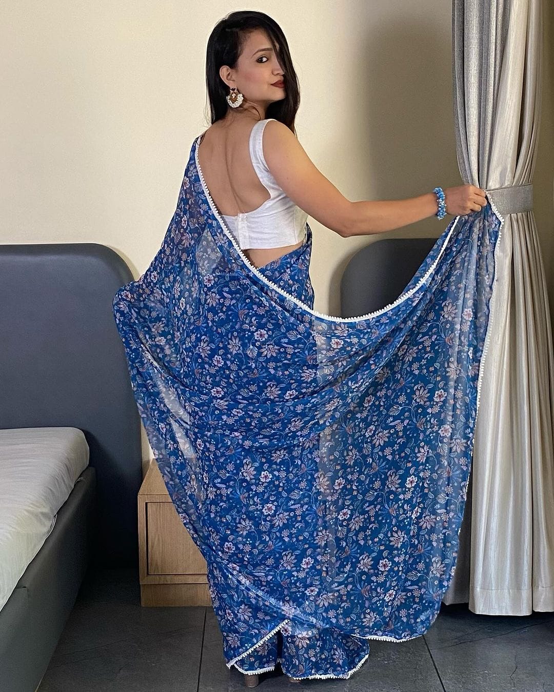 Classy 1 Minute Ready To Wear Blue Georgette Floral Digital Printed Saree