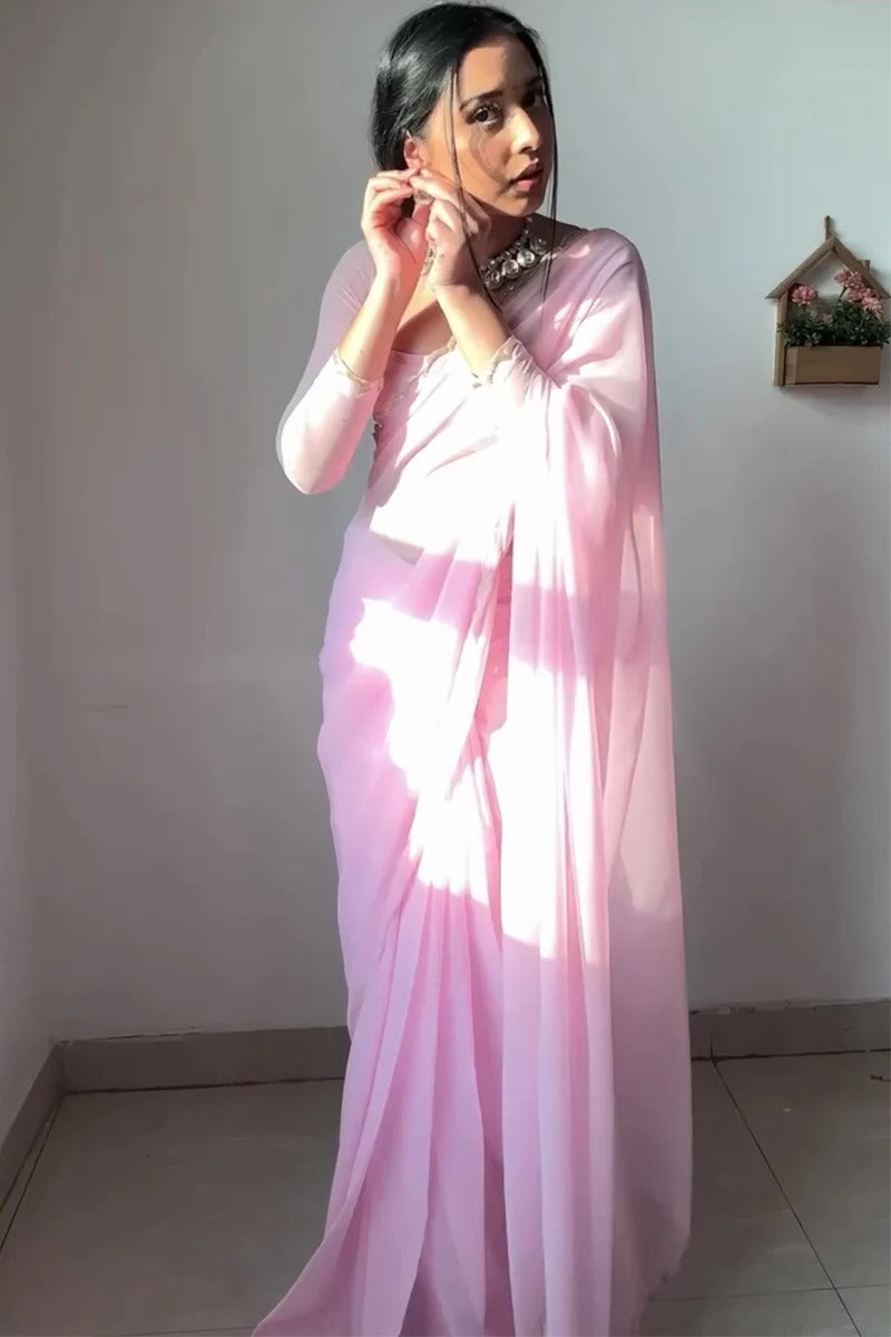Twirling 1 Minute Ready To Wear Baby Pink Georgette Hand Work Saree