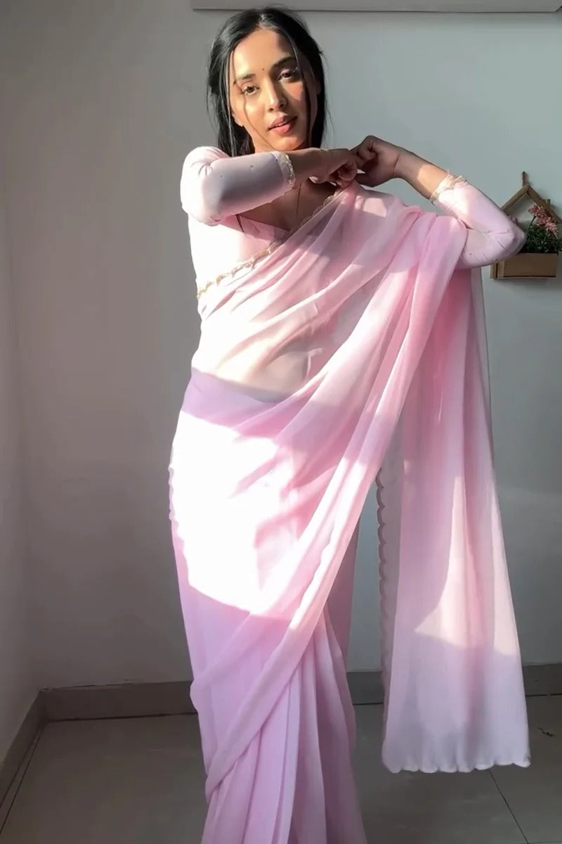 Twirling 1 Minute Ready To Wear Baby Pink Georgette Hand Work Saree