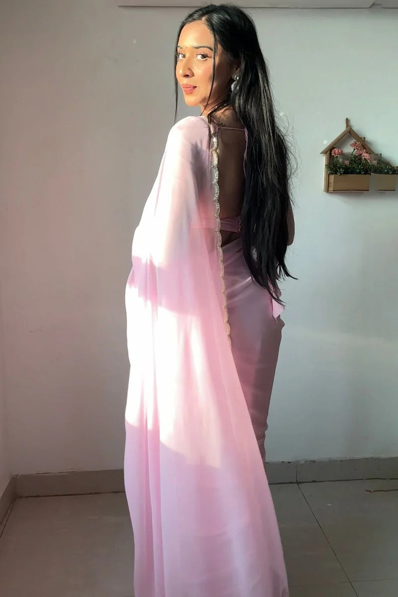 Twirling 1 Minute Ready To Wear Baby Pink Georgette Hand Work Saree