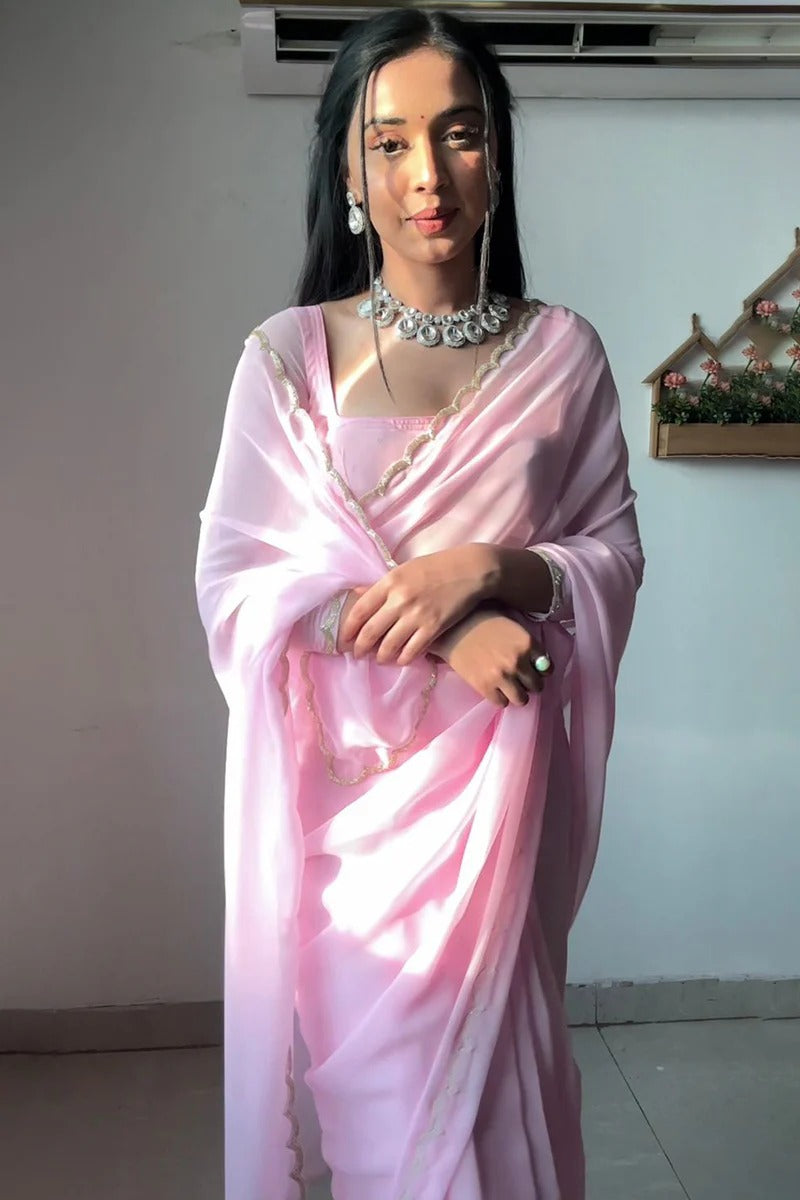 Twirling 1 Minute Ready To Wear Baby Pink Georgette Hand Work Saree