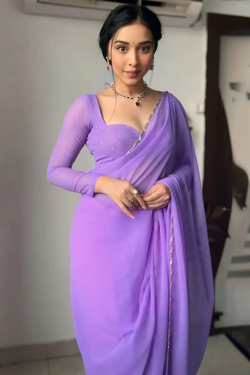 Breathtaking 1 Minute Ready To Wear Lavender Georgette Hand Work Saree
