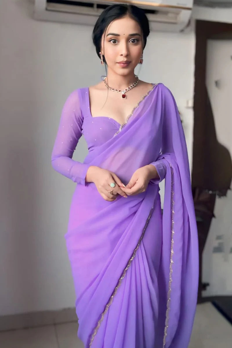 Breathtaking 1 Minute Ready To Wear Lavender Georgette Hand Work Saree