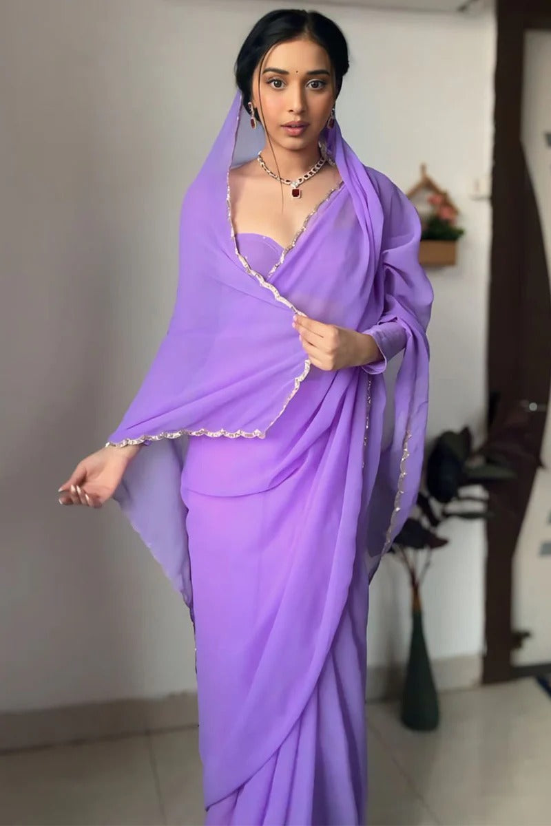 Breathtaking 1 Minute Ready To Wear Lavender Georgette Hand Work Saree