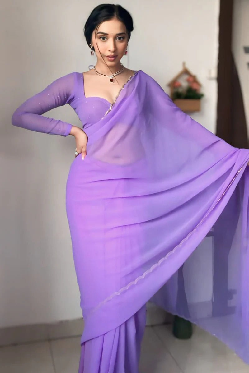 Breathtaking 1 Minute Ready To Wear Lavender Georgette Hand Work Saree