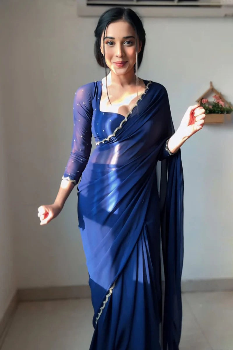 Comely 1 Minute Ready To Wear Navy Blue Georgette Hand Work Saree