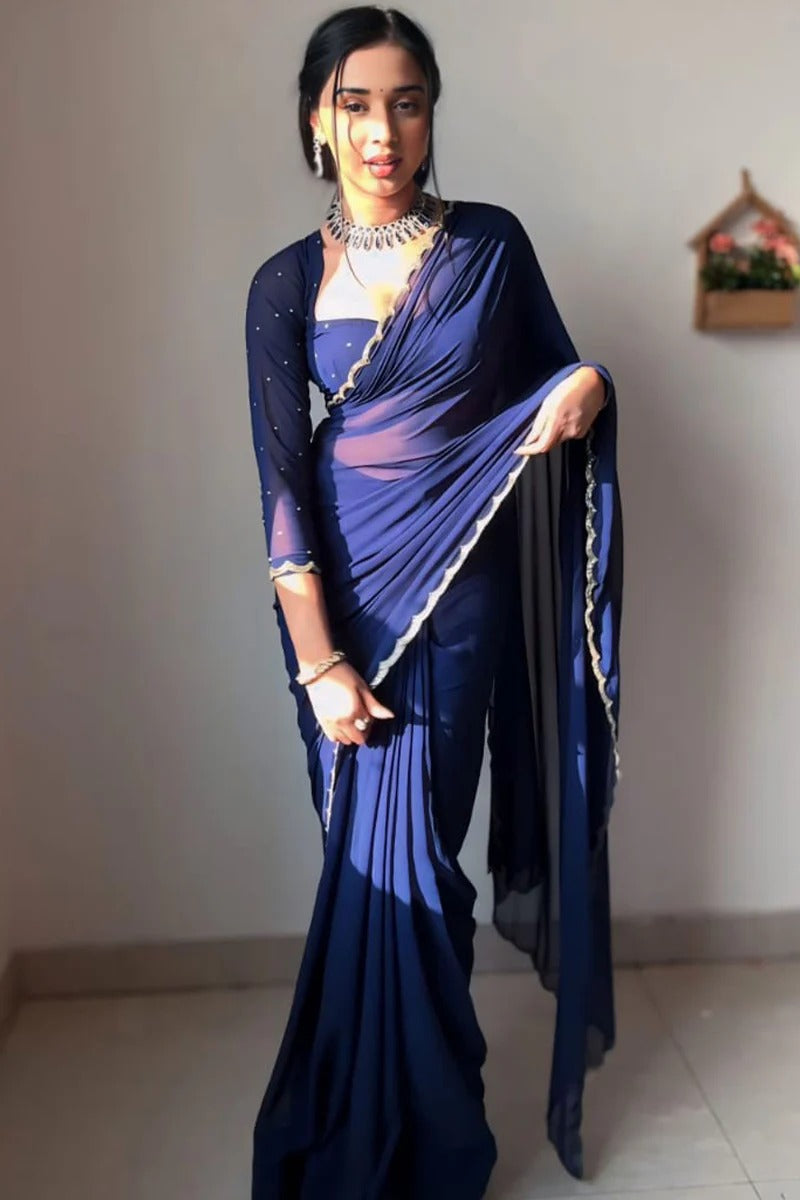 Comely 1 Minute Ready To Wear Navy Blue Georgette Hand Work Saree