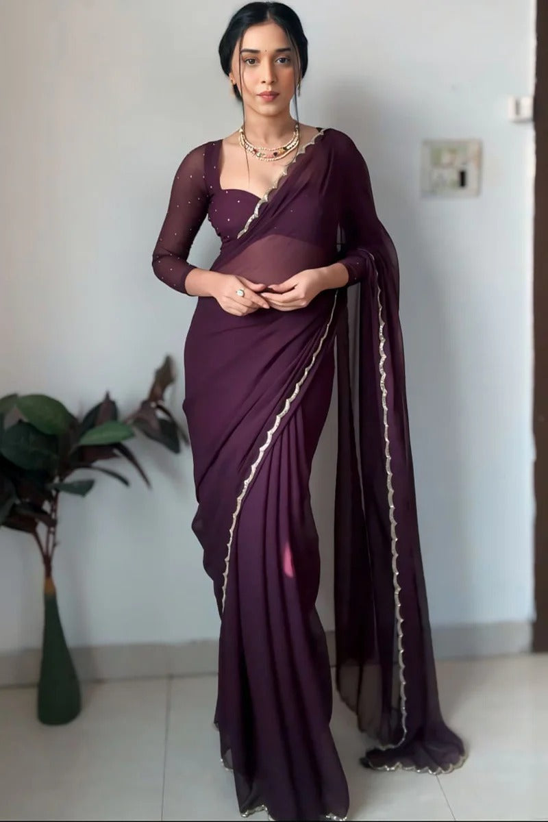 Demure 1 Minute Ready To Wear Dark Purple Georgette Hand Work Saree