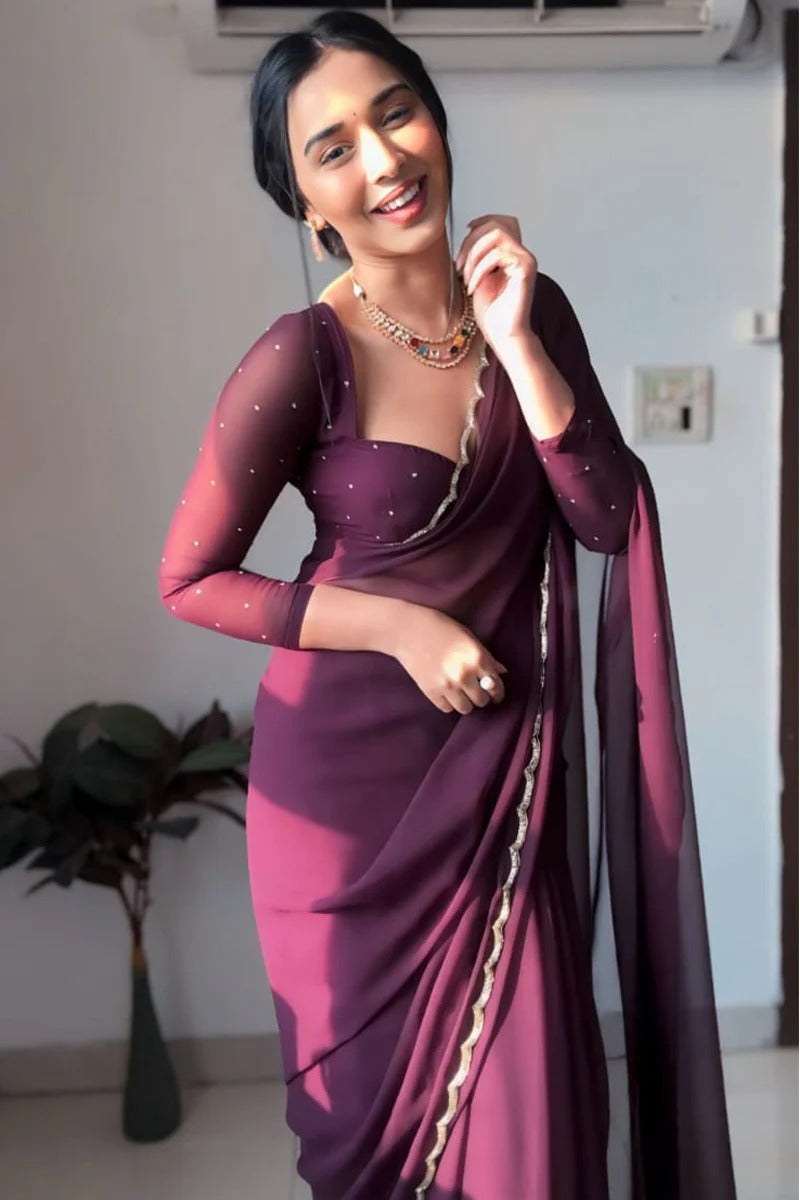 Demure 1 Minute Ready To Wear Dark Purple Georgette Hand Work Saree