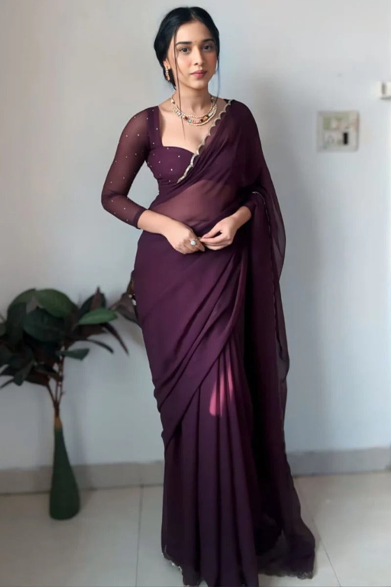 Demure 1 Minute Ready To Wear Dark Purple Georgette Hand Work Saree