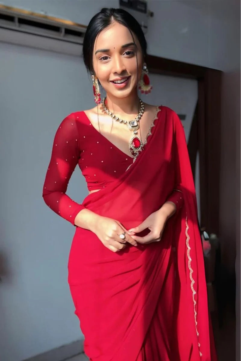 Elision 1 Minute Ready To Wear Red Georgette Hand Work Saree