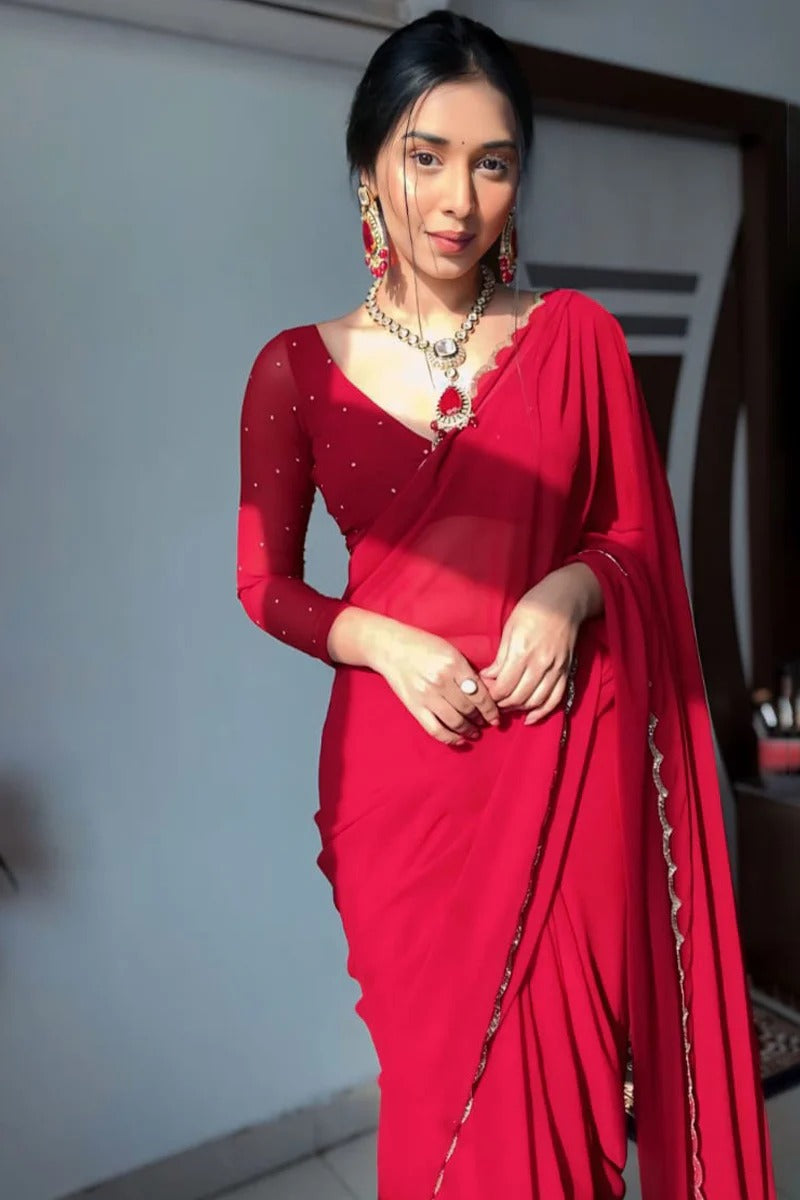 Elision 1 Minute Ready To Wear Red Georgette Hand Work Saree