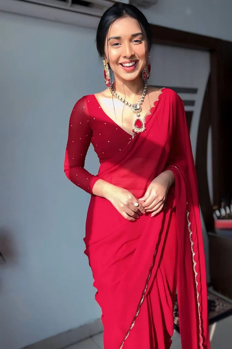 Elision 1 Minute Ready To Wear Red Georgette Hand Work Saree