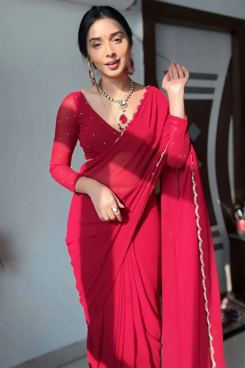 Elision 1 Minute Ready To Wear Red Georgette Hand Work Saree