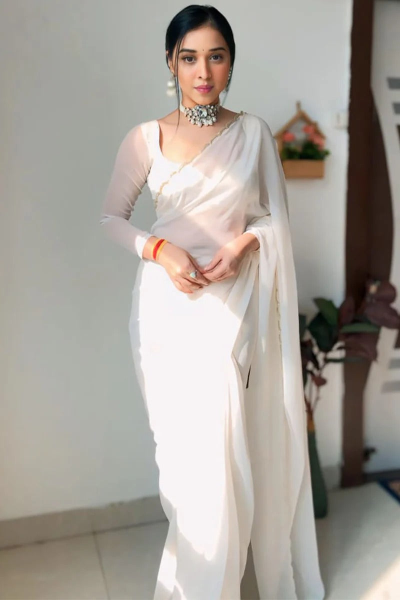 Flattering 1 Minute Ready To Wear White Georgette Hand Work Saree