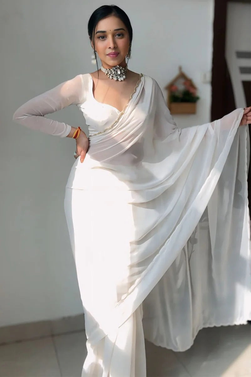 Flattering 1 Minute Ready To Wear White Georgette Hand Work Saree