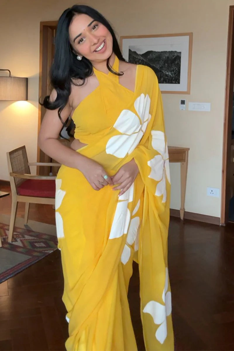 Exquisite 1 Minute Ready To Wear Yellow Georgette Floral Digital Printed Saree