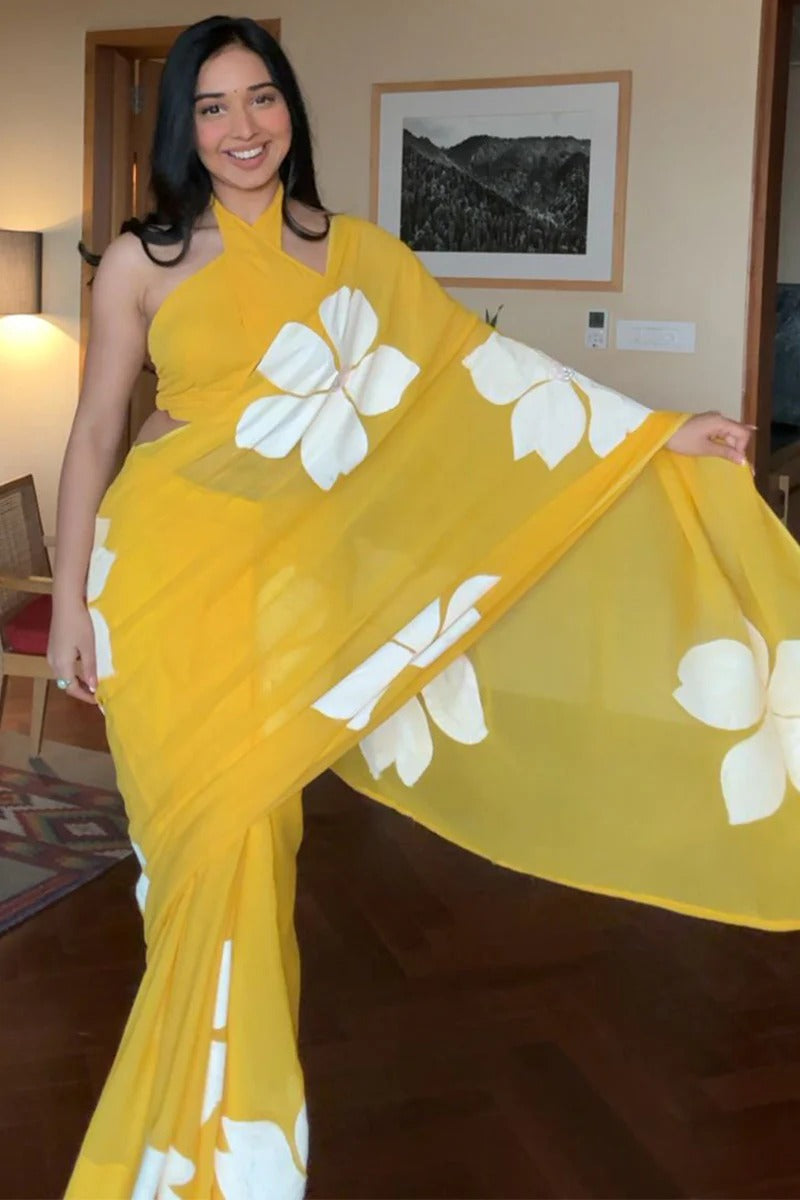 Exquisite 1 Minute Ready To Wear Yellow Georgette Floral Digital Printed Saree