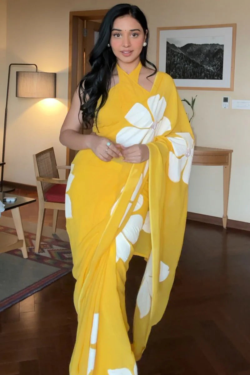 Exquisite 1 Minute Ready To Wear Yellow Georgette Floral Digital Printed Saree