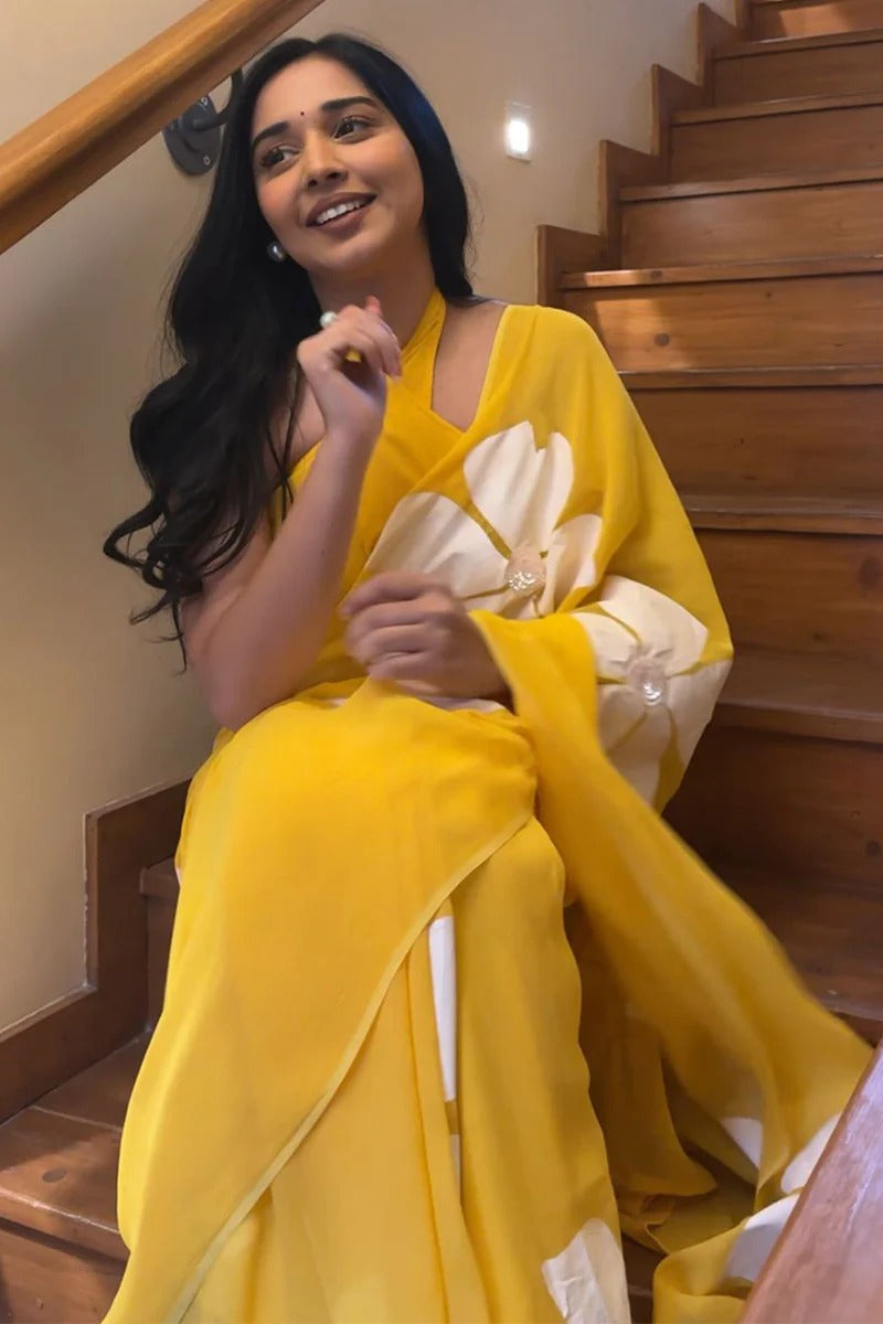 Exquisite 1 Minute Ready To Wear Yellow Georgette Floral Digital Printed Saree