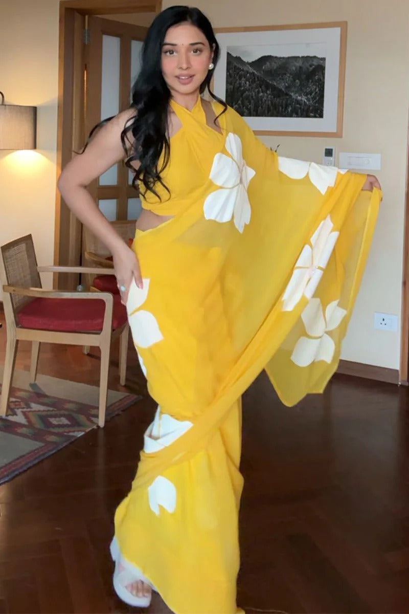Exquisite 1 Minute Ready To Wear Yellow Georgette Floral Digital Printed Saree