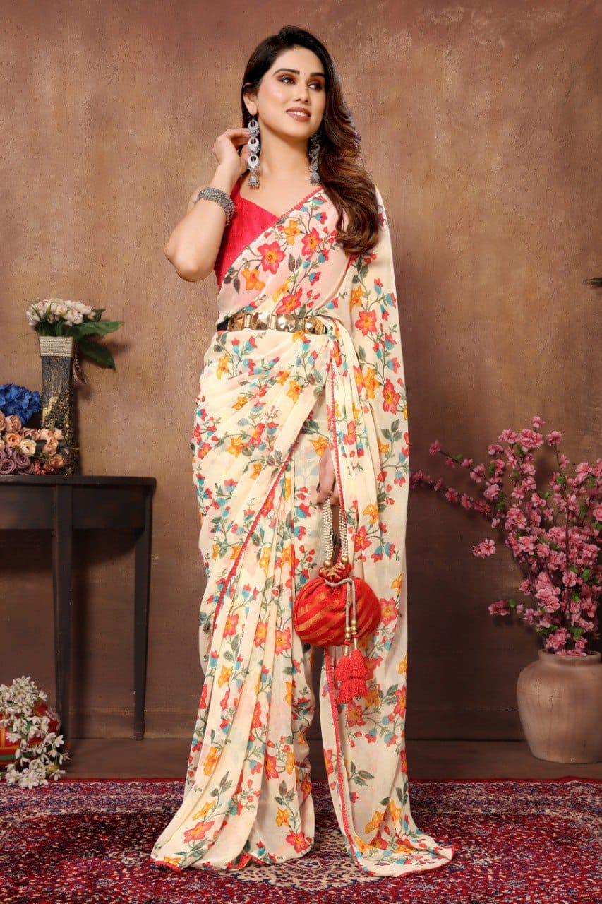 Denouement 1 Minute Ready To Wear Beige Georgette Floral Digital Print Saree