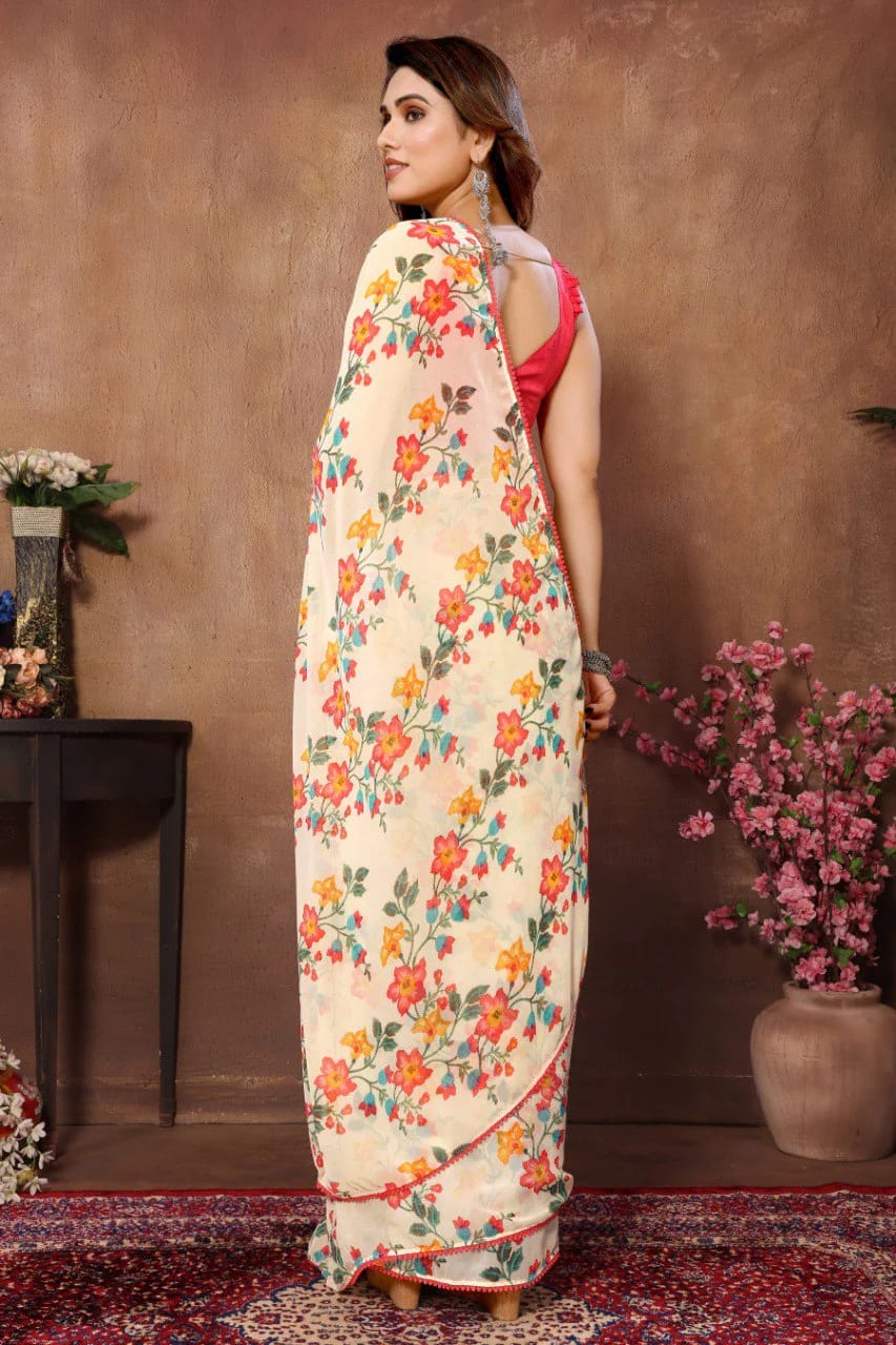 Denouement 1 Minute Ready To Wear Beige Georgette Floral Digital Print Saree