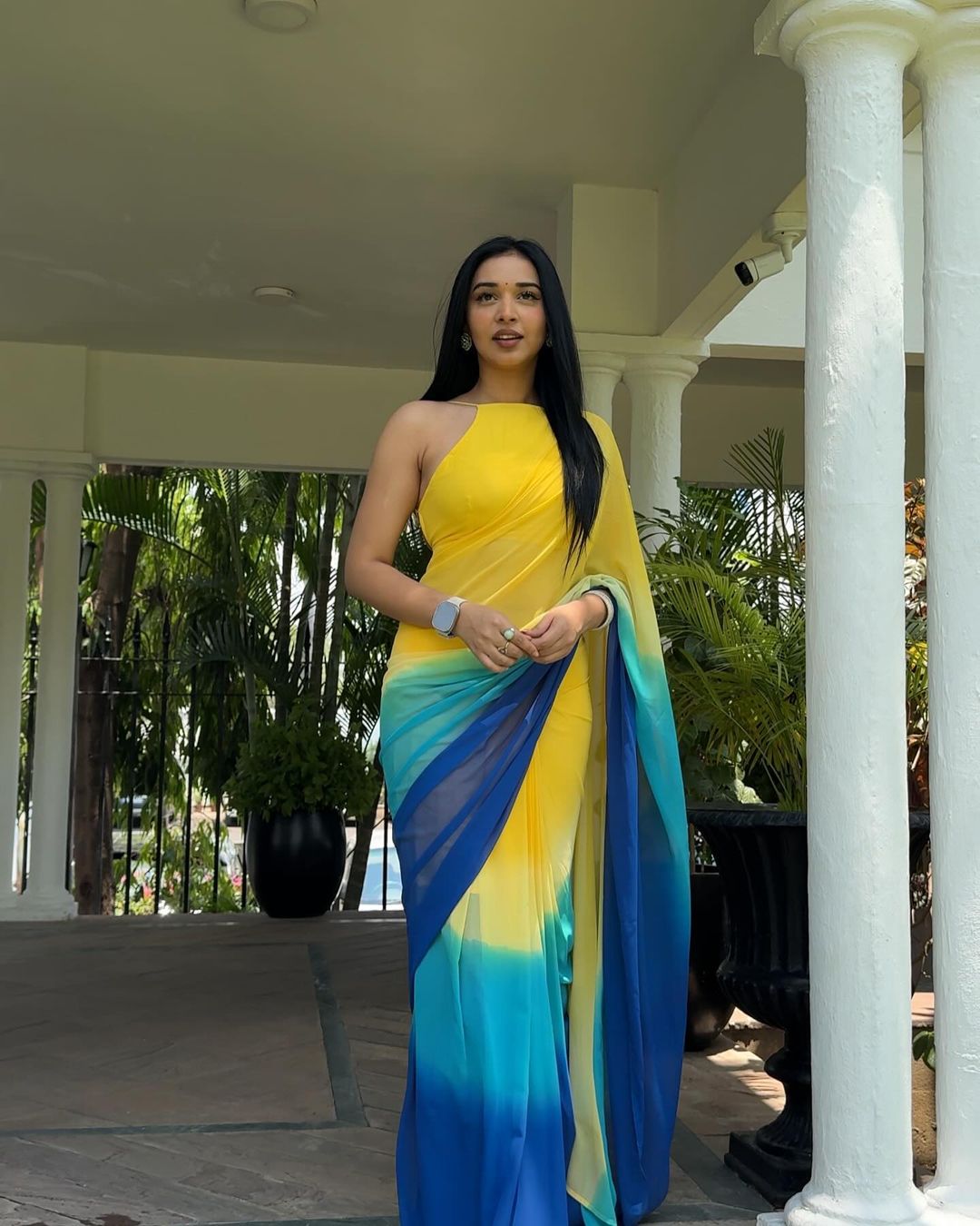 Eloquence 1 Minute Ready To Wear Yellow And Blue Georgette Saree
