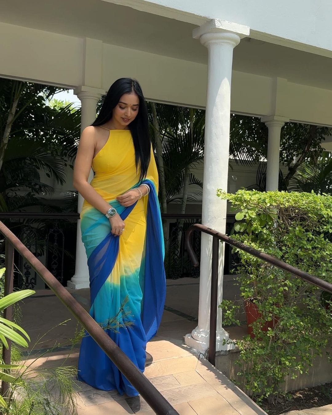 Eloquence 1 Minute Ready To Wear Yellow And Blue Georgette Saree