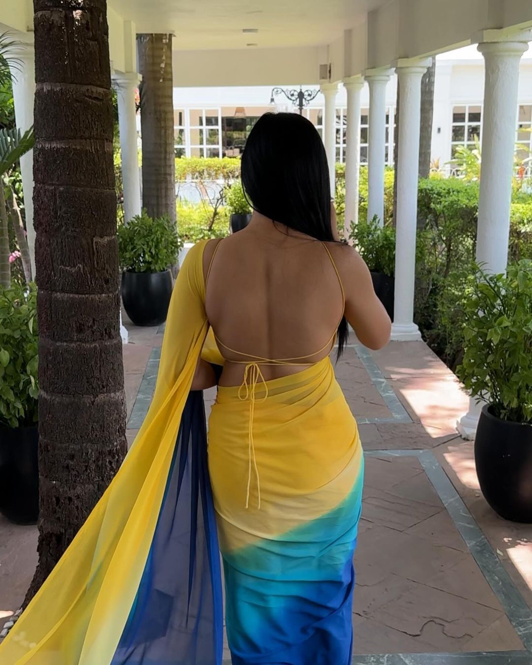 Eloquence 1 Minute Ready To Wear Yellow And Blue Georgette Saree
