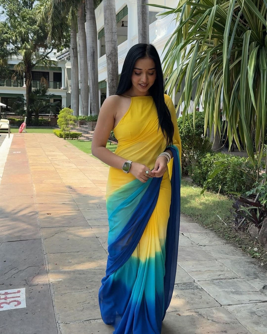 Eloquence 1 Minute Ready To Wear Yellow And Blue Georgette Saree